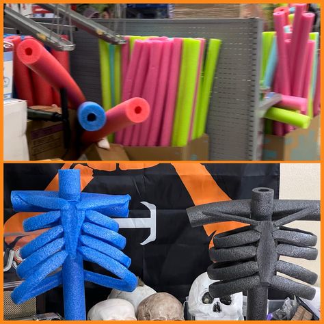 Halloween Decorations Outdoor Videos, Diy Halloween With Pool Noodles, How To Make A Giant Skeleton, Easy Halloween Yard Decor, Diy Large Skeleton, Pool Noodle Skeleton, Easy Big Halloween Decorations, How To Make Skeleton Bones, Hanging Skeleton Halloween Decorations