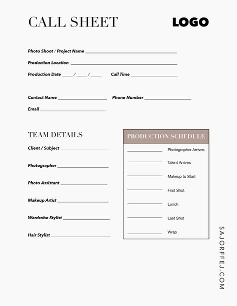 https://www.sajorffej.com/blog/how-to-make-a-call-sheet Call Sheet Photoshoot, Photoshoot Call Sheet, Model Call Template, Photo Shoot Planning Sheet, Hair Model Call Template, Call Sheet Template, Model Release Form Photography, Newborn Model Call Template, Photography Business Forms