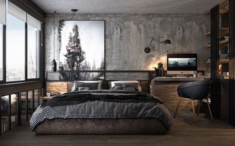 60 Industrial Bedroom Ideas and Design Tips to Try - Cozy Home 101 Industrial Modern Bedroom, Industrial Decor Bedroom, Industrial Bedroom Design, Industrial Style Bedroom, Industrial Style Interior, Amazing Bedroom Designs, Apartment Decoration, Industrial Bedroom, Loft Interiors