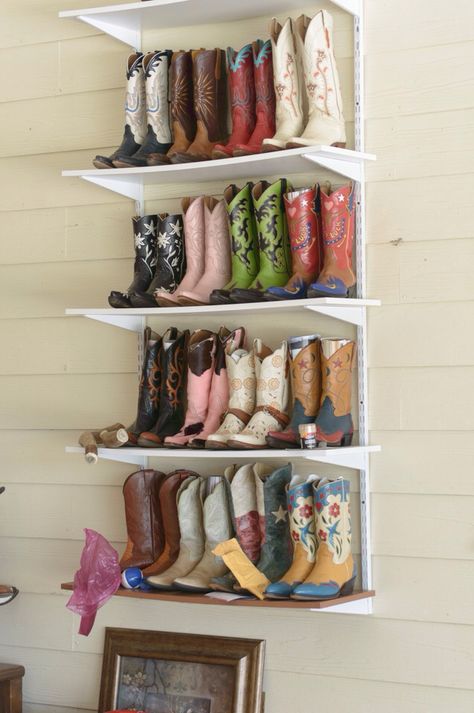 Cowboy boot display Shoe And Boot Shelves, Boot Organization Small Space, Cowboy Boot Closet, Cowgirl Boot Shelf, Cowgirl Boot Storage, Western Boot Display, Boots Collection Closet, Cowboy Boot Shelves, Cowboy Boot Display Ideas