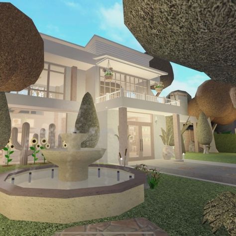 White Aesthetic Bloxburg House, Aesthetic Front Yard Bloxburg, Cute Boho Bloxburg Houses, Modern Garden Bloxburg, Bloxburg House Front Yard Ideas, Bloxburg Modern Front Yard, Front House Bloxburg, Roblox Bloxburg Front Yard Ideas, Bloxburg Front Yard Ideas Aesthetic