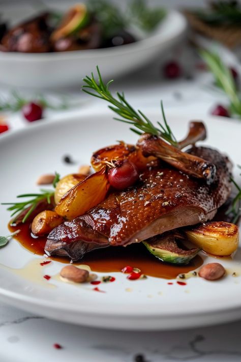 Duck Confit Recipe Fancy Plating Dinner, Christmas Fine Dining Food, Half Duck Recipes, Fancy Winter Dinner Recipes, Fine Dining Dishes, Fresh Duck Recipes, Cooked Duck, Mallard Duck Recipes, Dinner Table Food