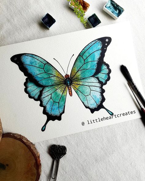 Metallic Butterfly Painting, Butterfly Art Easy, How To Watercolor Butterfly, Fantasy Butterfly Drawing, Butterfly Watercolour Painting, Butterfly Drawing Watercolors, Art Sketches Butterfly, Butterfly Drawing Colorful, Fantasy Butterfly Art