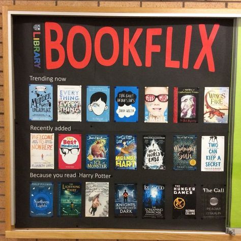 Bookflix Bulletin Board, Book Bulletin Board Ideas, Bookflix Display, Library Room Ideas School, School Library Decorating Ideas, Middle School Library Bulletin Boards, Library Display Ideas, School Library Book Displays, Book Bulletin Board