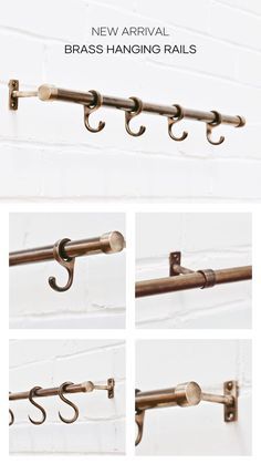 Kitchen Towel Rail Ideas, Metal Rods Ideas, Brass Pot Rail Kitchen, Kitchen Hanging Rail Ideas, Diy Brass Kitchen Rail, Brass Kitchen Utensil Rail, Brass Rails In Kitchen, Brass Hanging Rail Kitchen, Brass Kitchen Rod