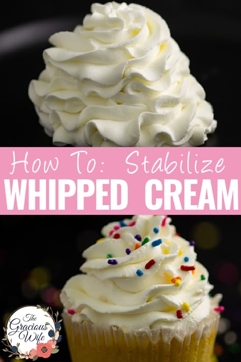 Using stabilized whipped cream is a great to increase the shelf life of your baked goods with whipped cream that holds its shape and won't go flat, watery, or spread. Learn how to stabilize whipped cream with 7 simple and straightforward methods. Whipped Cream Buttercream Frosting, Stabilize Whipped Cream, Whipped Icing Recipes, Whipped Cream Buttercream, Stable Whipped Cream, Whipped Buttercream Frosting, Stabilized Whipped Cream Frosting, Whipped Cream Icing, Homemade Whipped Cream Recipe