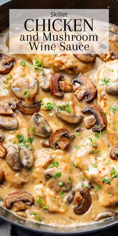 Skillet Chicken and Mushroom Wine Sauce Mushroom Wine Sauce, Chicken And Mushroom, Chicken Breast Recipes Baked, Chicken Entrees, Easy Chicken Dinner Recipes, Favorite Recipes Dinner, Chicken Main Dishes, Wine Sauce, Yummy Chicken Recipes