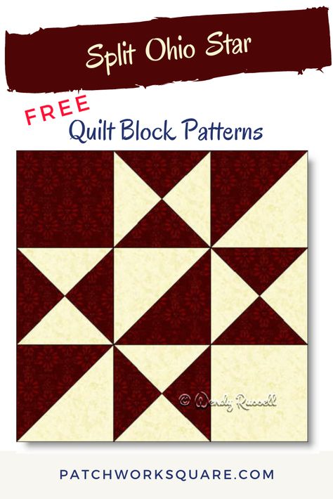 Split Star Quilt Block, Ohio Star Quilt Block Free Pattern, Ohio Star Quilt Pattern Free, Ohio Star Quilt Block, Beginner Quilt Patterns Free, Quarter Square Triangles, Ohio Star Quilt, Log Cabin Block, Ohio Star