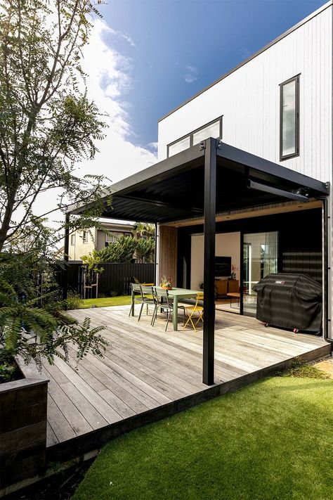 Covering part of the deck with a louver roof makes it a versatile space off the living room, and creates wonderful indoor outdoor flow in the home. Deck Roof, House Extension Plans, River Cottage, Covered Decks, Garden Office, House Extensions, Outdoor Areas, New Builds, Outdoor Bed