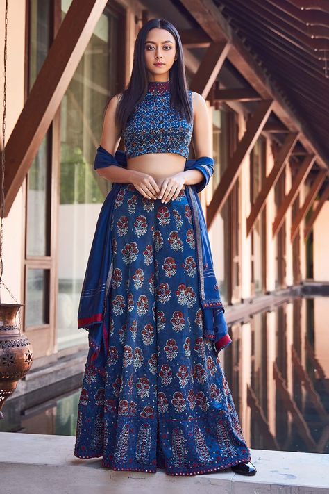 Shop for these amazing collections of Blue Satin Ajrakh Print Pant And Crop Top Set For Women by Payal Jain online at Aza Fashions. Skirt And Top Indian, Plazo Outfits, Stylish Kurtis Design, Navratri Dress, Print Pant, Embroidered Crop Tops, Saree Designs Party Wear, Crop Top Set, Kurta Designs Women