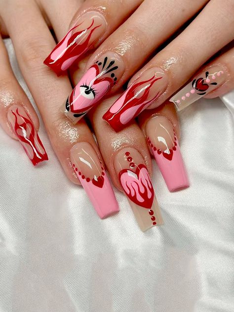 Long Press On Nails, Coffin Press On Nails, Fire Nails, Funky Nails, Dope Nails, Valentine's Day Nails, Artificial Nails, Valentines Nails, Cute Acrylic Nails