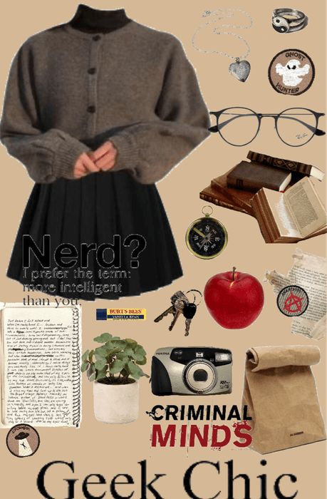 Geeky Chic Outfit, Cute Nerd Aesthetic Outfits, Geek Outfits Aesthetic, Nerd Look Women, Nerdcore Outfit, Geek Chic Aesthetic, Geek Aesthetic Outfit, Nerd Aesthetic Outfit, Chaotic Academia Outfits