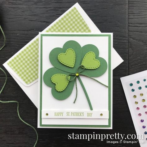 Happy St Patricks Day Heart Card by Mary Fish, Stampin\' Pretty Heart Punch Pack by Stampin\' UP! Sant Patrick, St Patricks Day Cards, Mary Fish, Stampin Pretty, St Patrick's Day Crafts, Spring Cards, Green Cards, Happy St Patricks Day, Heart Cards