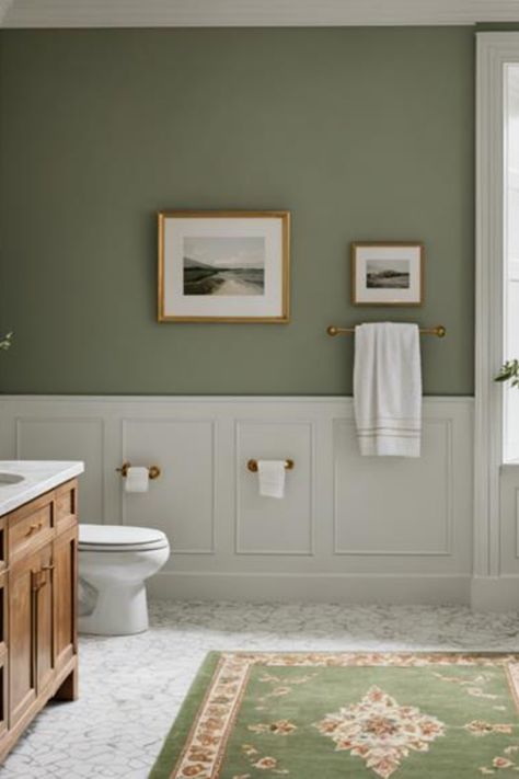 Elegant bathroom with green walls, wooden vanity, and decorative framed art. Sage Green Small Bathroom, Sage And Gold Bathroom, Painted Bathroom Ideas, Sage Green And Gold Bathroom, Brown Green Bathroom, Green Wainscoting Bathroom, Emerald Green Bathroom Walls, Green Half Bath, Sage Green Bathroom Ideas Decor