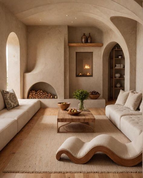 Earthy Architecture Modern, Wabi Sabi Modern Interior, Mediterranean Minimalist Interior, Cob House Interior, Ski House Decor, Natural Interiors, Surf House Decor, Creative Architecture, Bed Bedroom