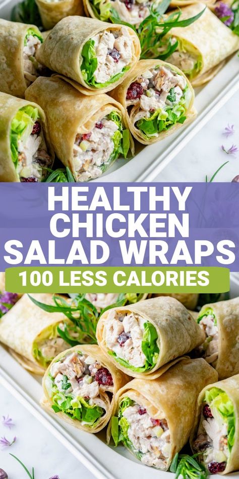 When you want a creamy satisfying chicken salad wrap, but you don't want the mayonnaise and calories, turn to these healthy Chicken Salad Wraps. They have 100 fewer calories and are made with good-for-you ingredients but still have a delicious taste! Healthy Chicken Sandwich Clean Eating, Chicken Salad Wrap Ideas, Chicken Salad Wraps Recipes, Wrap Ideas For Lunch Healthy, Healthy Wraps For Lunch Clean Eating, Chicken Salad Lunch Ideas, Chicken Salad Wrap Healthy, Chicken Wrap Ideas, Healthy Chicken Salads