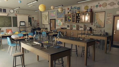 ArtStation - Dekogon Highschool Science Classroom (UE4), Clinton Crumpler High School Lab Room, Science Teacher Aesthetic Classroom, Highschool Science Classroom, High School Science Teacher Aesthetic, Aesthetic Science Classroom, Science Classroom Aesthetic, Science Classroom Decorations Highschool, Science Classroom Design, Highschool Aesthetic Classroom