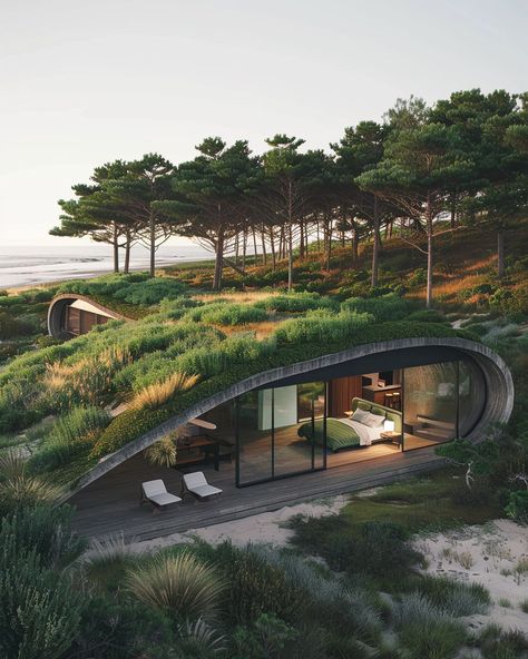 Prompt 👉a shell shaped biophilic cabin with camouflaged roof, built seamlessly into the dune landscape of portugal, in the style of naturalistic compositions, sustainable architecture, rectangular design, covered in vegetation, blends in with the surrounding nature, green roof, minimalist sets, fujifilm pro 👉 if Like, please Follow and Share AI Graphics Studio 👇Contact on WhatsAPP: http://tiny.cc/aigraphicsstudio #aigraphicsstudio #AI #DigitalMarketing #digitalartist #digitalart #digital #c... Naturalistic Architecture, Green Roof Architecture, Camouflage House, Underground Houses, Dune Landscape, Green Roof Design, Quonset Homes, Earth Sheltered Homes, Casa Club