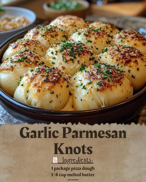 **Garlic Parmesan Knots 🧄🧀** **Ingredients:** - 1 package pizza dough - 1/4 cup melted butter - 1/4 cup grated Parmesan cheese - 2 cloves garlic, minced - 1 tablespoon chopped parsley **Instructions:** 1. **Preheat the Oven**: Set your oven to 400°F (200°C) and grease a baking sheet. 2. **Prepare the Dough**: Roll out the pizza dough and cut it into strips. Twist each strip into a knot and arrange them on the prepared baking sheet. 3. **Bake the Knots**: Bake for 10-12 minutes, or until ... Twisted Cheese Bread, Garlic Butter Knots, Garlic Knots Pizza Dough, Garlic Knot Pizza, Parmesan Bread Bites, Parmesan Knots, Garlic Parmesan Knots, Perfect Pizza Crust, Christmas Catering