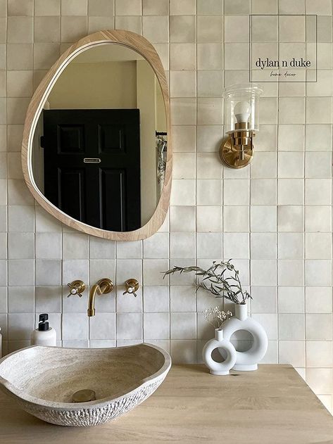 Japandi Mirror Bathroom, Small Entryway Mirror Ideas, Organic Wood Mirror, Unique Bathroom Mirror Ideas, Wall Mirror Aesthetic, Bathroom Mirror Wood, Boho Wall Mirror, Guest Restroom, Iving Room