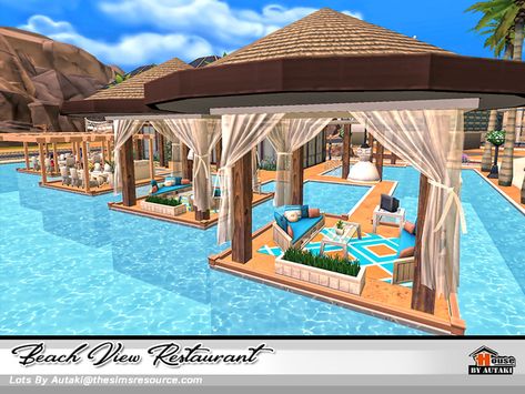 autaki's Beach View Restaurant Sims 4 Beach Restaurant, Spa Bloxburg, Sims4 Restaurant, Sims 4 Cc Home Decor, Drawing Restaurant, Sims 4 Sulani, Sims 4 Restaurant, Sims Lots, Glass Restaurant