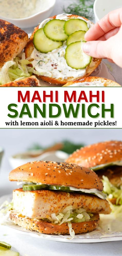 mahi mahi sandwich with pickles and lemon aioli Mahi Burger Toppings, Blackened Mahi Mahi Sandwich, Healthy Fish Sandwich, Grilled Fish Sandwich Recipes, Mahi Mahi Burger Trader Joes, Tilapia Sandwich Recipes, Healthy Fish Sandwich Recipes, Blackened Fish Sandwich, Mahi Mahi Sandwich Recipes