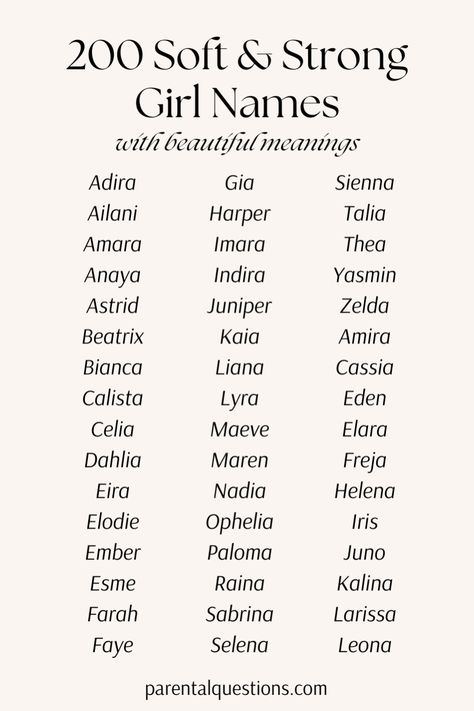 Want the perfect unique and uncommon girl name ideas? Explore our list of 200+ soft but strong girl names with meanings that you’ll adore! Discover the most beautiful and unique girl name ideas with strong meanings. Click through for the full list! Cute baby names, strong girl names. Strong Girl Names, Girl Name Ideas, Classic Baby Boy Names, Strong Baby Girl Names, Bible Baby Names, Uncommon Girl Names, Regal Names, Soft Words