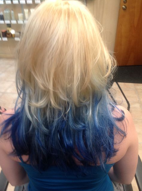 Blonde to Blue Ombre Blond Hair With Colored Tips, Platinum Blonde And Blue Hair, Blue Hair Tips Blonde, Navy Blue And Blonde Hair, Blue Hair Blonde Roots, Blue Hair On Blonde, Blonde And Dark Blue Hair, Blue Dip Dye Hair Blonde, Blue Peekaboo Hair Blonde