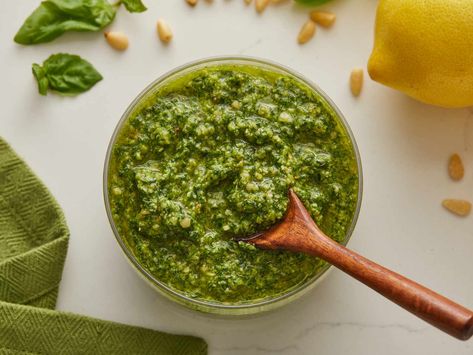 This tasty spinach pesto is easy to make by blending fresh spinach and basil with lemon juice, lemon zest, garlic, olive oil, and Parmesan cheese. Almond Pesto Recipe, Spinach Basil Pesto, Almond Pesto, Parsley Pesto, Basil Pesto Recipes, Mediterranean Quinoa Salad, Kale Pesto, How To Make Pesto, Homemade Pesto