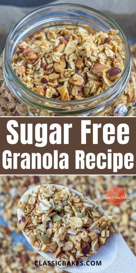 Homemade Sugar Free Granola, Granola Diy, Sugar Free Granola Recipe, Sf Desserts, Crunchy Oats, Low Sugar Granola, Sugar Free Granola, Breakfast Protein, Snack Easy