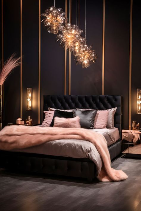 Luxurious modern bedroom in deep black and lustrous rose gold, featuring a queen-size bed with a tufted headboard, rose gold vanity, and crystal chandelier. Elegant Master Bedrooms Decor, Bedroom Decor Ideas Cozy, Black Modern Bedroom, Black Headboard Bedroom, Black Gold Bedroom, Rose Gold Room Decor, Cloth Bed, Rose Gold Bedroom, Gold Room Decor