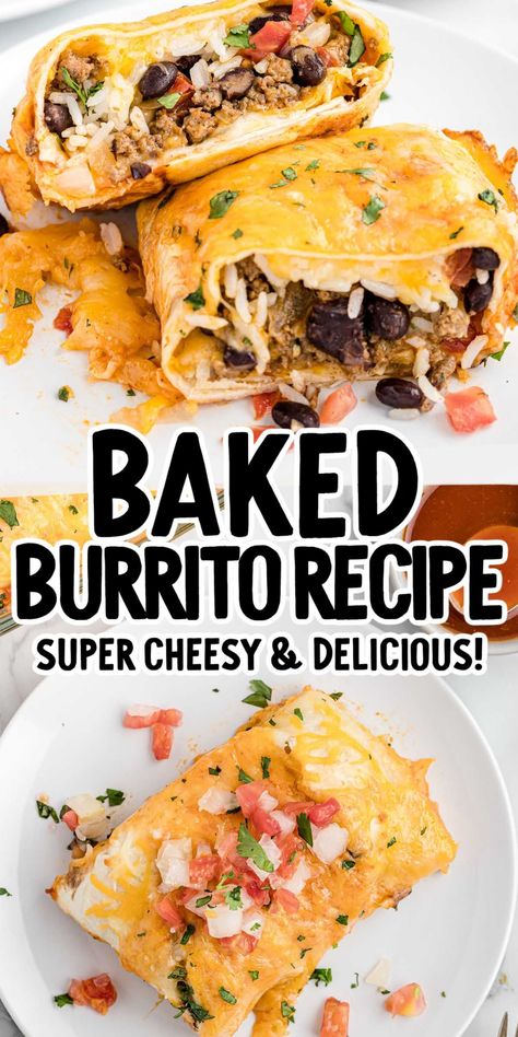 Stuffed with beef, beans, rice and melted cheese, these baked burritos are a delicious Mexican-inspired meal. Best Mexican Burrito Recipe, Rice And Beans Burrito Recipe, Baked Burritos Chicken, Baked Burrito Recipe, Beef Bean Rice And Cheese Burritos, Baked Bean Burritos, Beef Bean And Rice Burritos, Baked Burritos Beef, Beef And Rice Burritos