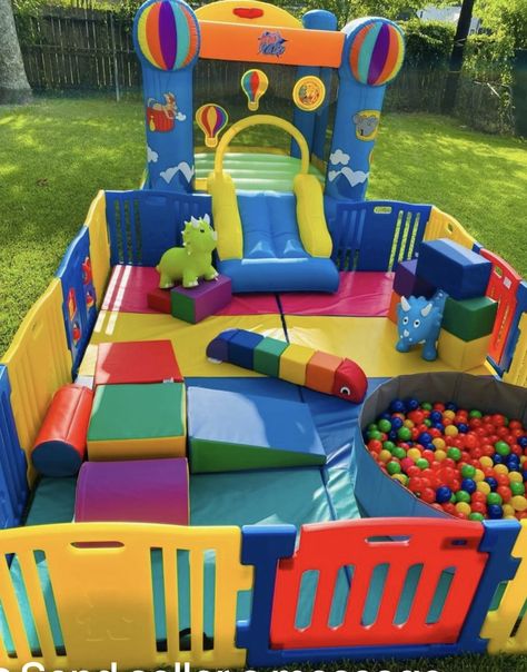 Diy Soft Play Area Party, Daycare Outside Play Area, Infant Outdoor Play Area Daycare, Patio Play Area Kids, Toddler Soft Play Area, Soft Play Area Birthday Party, Play Yard Ideas Indoor, Soft Play Set Up Ideas, Indoor Toddler Playground