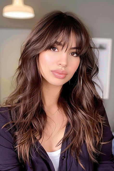 Feathered Bangs With Layers, Feather Bangs Long Hair, Fluffy Bangs Long Hair, Fringe Layered Hair, Feathered Fringe Hairstyle, Feathered Bangs Long Hair, Long Feathered Hairstyles, Trendy Bangs Long Hair, Fringes For Long Hair