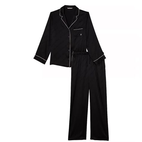 Victoria's Secret Satin Long Pajama Set Color: Black Size: L Regular Washed Once But Never Worn (I Washed Before I Tried It On And Needed A Smaller Size) Includes Top And Bottom Romper Outfit With Jacket, Long Romper Outfit, Black Silk Pajamas, Vs Pajamas, Pajamas Aesthetic, Satin Pant, Satin Pjs, Silk Pjs, Black Pajamas