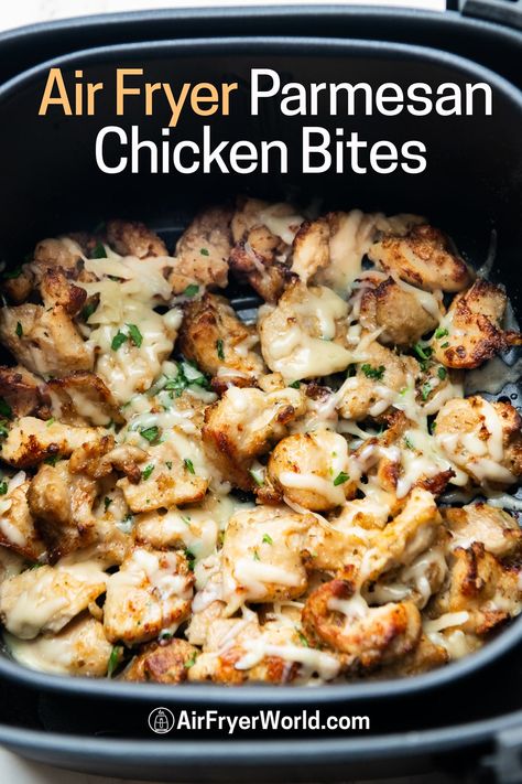 Air Fryer Chicken Bites with Garlic, Parmesan {EASY} | Air Fryer World Parmesan Chicken Bites, Air Fryer Chicken Bites, Chicken Bites Recipes, Plats Healthy, Air Fried Food, Air Fryer Oven Recipes, Air Fry Recipes, Air Fryer Recipes Chicken, Parmesan Chicken