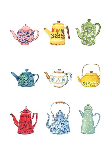 Tea Vintage Illustration, Tea Kettle Illustration, Tea Kettle Drawing, Tea Pot Drawing, Kettle Drawing, Kettle Illustration, Tea Pot Illustration, Watercolor Teapot, Kettle Art