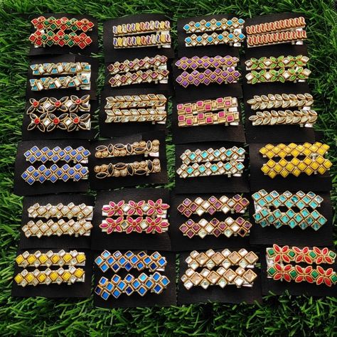 Alligator Clips Diy, Kundan Hair Clips, Kundan Clips, Embroidery Bangles, Diy Hair Accessories Beads, Aari Bangles, Silk Thread Earrings Designs, Diy Baby Bows, Thread Accessories