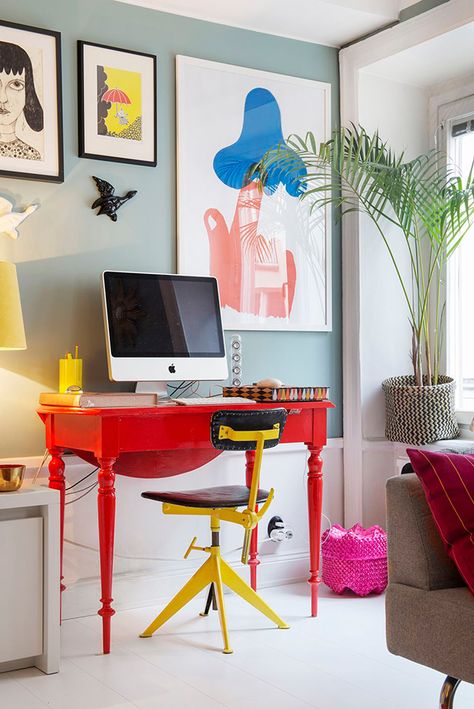 How to Organize Your Office: 20 Clever Ideas | StyleCaster Mehndi Kids, Colorful Home Office, Yellow Office Chair, Home Office Decor For Women, Yellow Office, Red Desk, Cheap Office Chairs, Designs Mehndi, Colorful Home