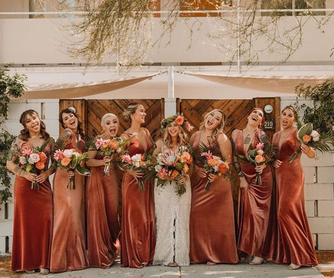 Terracotta Bridesmaid Dresses, Terracotta Bridesmaid, Fall Wedding Bridesmaids, Rust Bridesmaid Dress, Orange Bridesmaid, Bridesmaid Dresses Under 100, Fall Bridesmaids, Orange Bridesmaid Dresses, Dresses Velvet