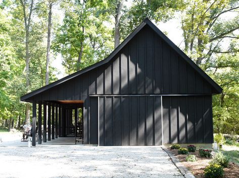 The Black Barn - The Unique Nest Contemporary Sheds, Black Houses, Barn Shop, A Small House, Barn Garage, Black Barn, Barns Sheds, Metal Barn, Barn Plans