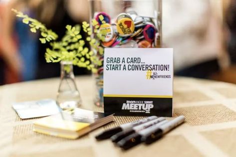 Use these 14 clever ideas to get guests talking, networking, and bonding with this creative inspiration and advice. Icebreaker Questions, Catering Design, Event Trends, Conference Event, Conversation Cards, Custom Cocktails, Experiential Marketing, Event Activities, How To Start Conversations