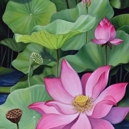 Acrylic Lotus Painting, Indian Lotus Painting, Pichwai Drawing, Lotus Painting Acrylic, Lotus Paintings, Lotus Artwork, Painting Lotus, Lotus Flower Painting, Composition Painting