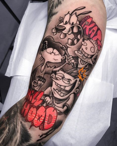 Comic Style Tattoo, 90s Baby Tattoo, Mr Cartoon Tattoo, Cartoon Legs, Stomach Tattoos Women, Forarm Tattoos, Cartoon Character Tattoos, Tattoos For Women Half Sleeve, Half Sleeve Tattoos For Guys