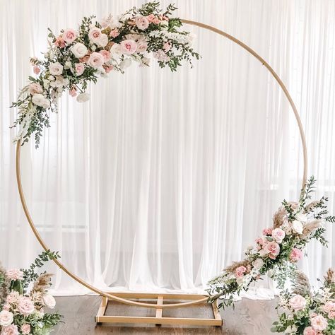 Wedding Flower Ring Arch, Name Sign For Wedding Receptions, Gold Circular Wedding Arch, Circle Arch Floral Arrangement, Dusty Pink Wedding Arch, Simple Circle Wedding Arch, Wedding Ceremony Backdrop Circle, Circular Backdrop With Flowers, Backdrops For Wedding Ceremony