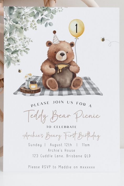 Teddy Bear Picnic Illustration, Teddy Bear Picnic Invitation, First Birthday Boy Bear Theme, Teddy Bear First Birthday Boys, Baby Bear Birthday Party, Teddy Bear Picnic Birthday Party, Teddy Bear Birthday Party, Picnic Birthday Party, Bear Picnic