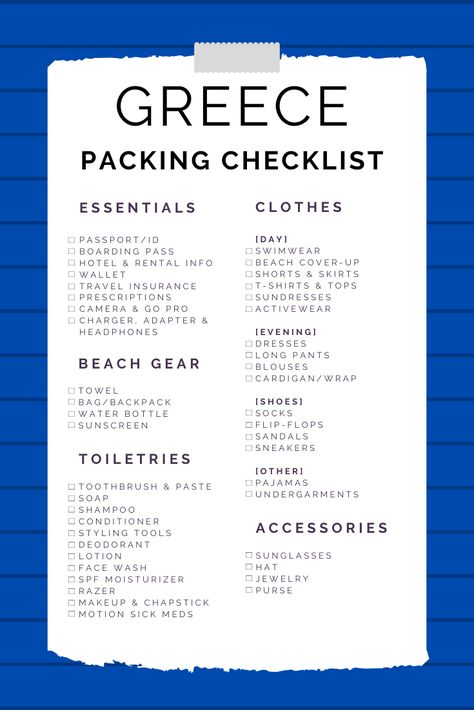 Greece Packing Checklist, Greece Travel Must Haves, Two Weeks In Greece Packing, Greece Outfits For October, Packing List Greece Summer, Traveling To Greece Packing Lists, What To Bring To Greece, Greece Trip Planning, Greek Packing List