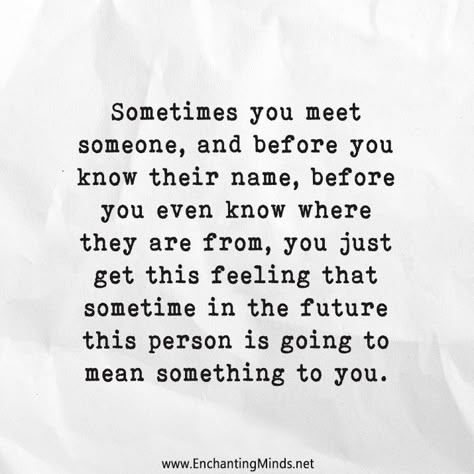 Sometimes you meet someone, and before you know their name, before you even know where they are from, you just get the feeling that sometime in the future this person is going to mean something to you. Sometimes We Meet People Quotes, Knowing Someone Quotes, Connecting With Someone Quotes, You Mean Something To Me Quotes, Someone You Just Met Quotes, Interested In Someone Quotes, You Just Know Quotes, Quotes About Getting To Know Someone, Meet Quotes Feelings