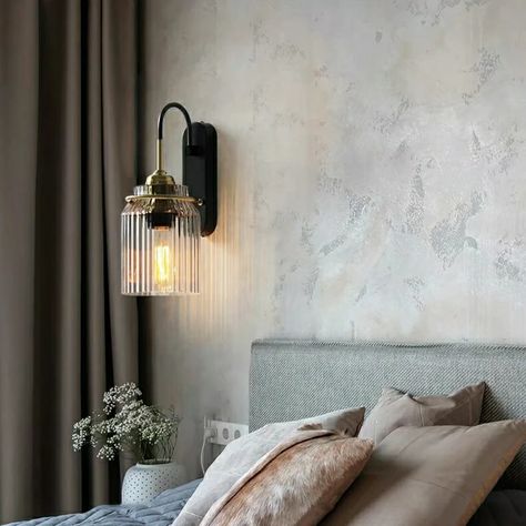 Corrugated Glass Metal Wall Lamps & Sconces Light Bedside Edison bulb E26/E27 | heparts Lamp Above Bed, Bedside Lighting Ideas, Bedside Wall Lamp, Metal Wall Lamp, Wall Lamp Design, Modern Wall Lamp, Wall Lights Bedroom, Wall Sconces Bedroom, Sconces Bedroom