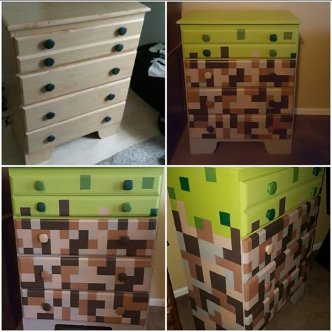 Minecraft Dresser Diy, Minecraft Headboard, Minecraft Drawers, Minecraft Bedroom Ideas Real Life, Minecraft Dresser, Minecraft Kids Room, Arcade Room Ideas, Kid Room Organization, Real Life Minecraft